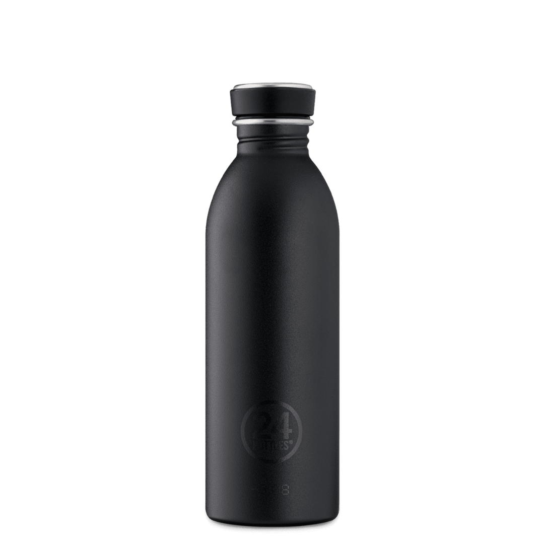 Schwarze Trinkflasche aus Edelstahl mit schwarzem Verschluss und der Aufschrift 24 Bottles