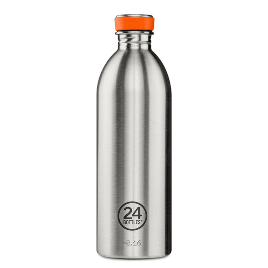 Trinkflasche aus Edelstahl mit orangefarbenem Ring am Verschluss und der Aufschrift 24 Bottles