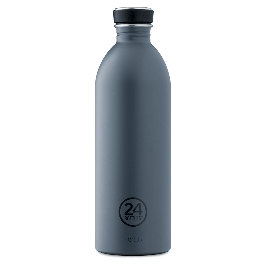Große graue Trinkflasche mit 24 Bottles Logo und schwarzem Verschluss