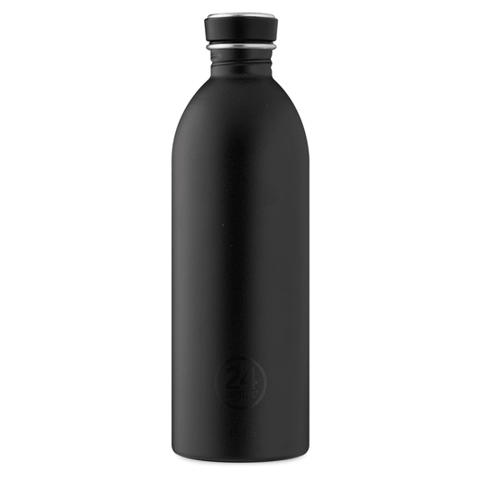 Große schwarze Trinkflasche mit 24 Bottles Logo und schwarzem Verschluss