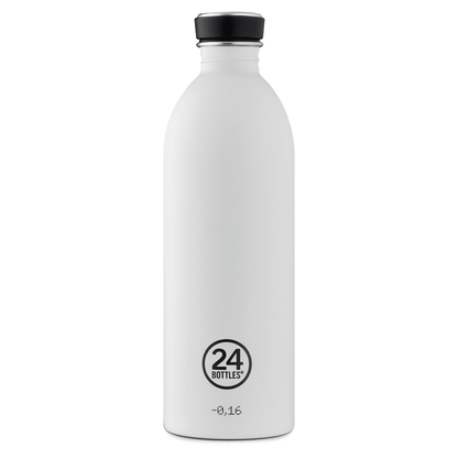 Große weiße Trinkflasche mit 24 Bottles Logo und schwarzem Verschluss