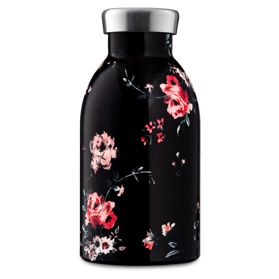 Schwarze Kindertrinkflasche mit Rosenmuster und Drehverschluss aus Metall