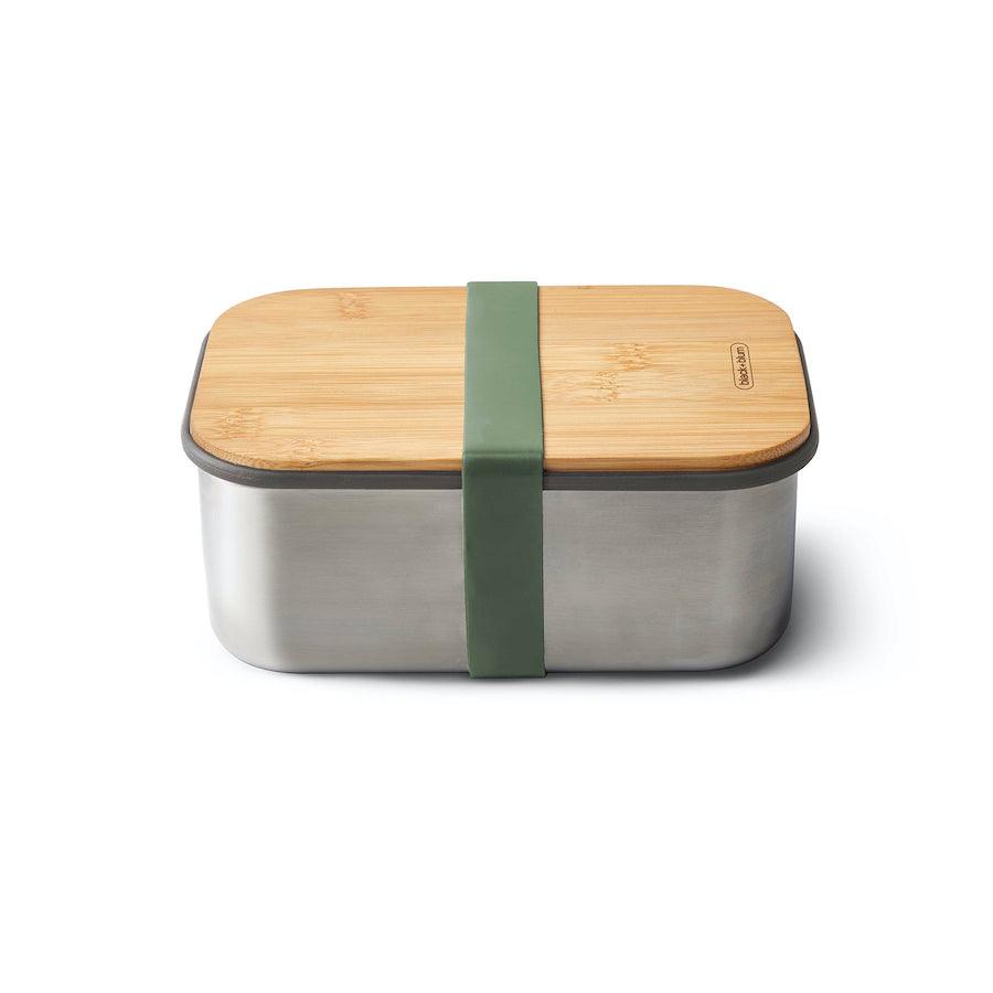 Große Sandwich Box aus Edelstahl mit Bambusdeckel und grünem Silikonband