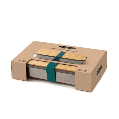Sandwich Box aus Edelstahl mit blauem Silikonband in Verpackung