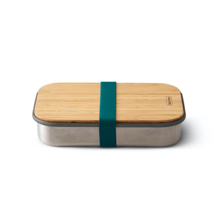 Kleine Sandwich Box aus Edelstahl, Bambusdeckel und blauem Silikonband