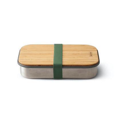 Kleine Sandwich Box aus Edelstahl, Bambusdeckel und grünem Silikonband