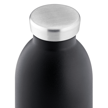 Detailansicht Drehverschluss von schwarzer Trinkflasche aus Edelstahl