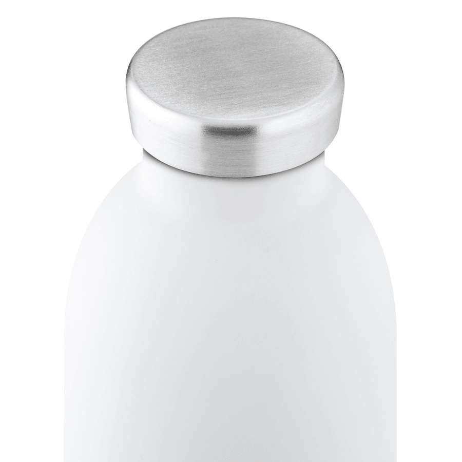 Detailansicht Drehverschluss von weißer Trinkflasche aus Edelstahl